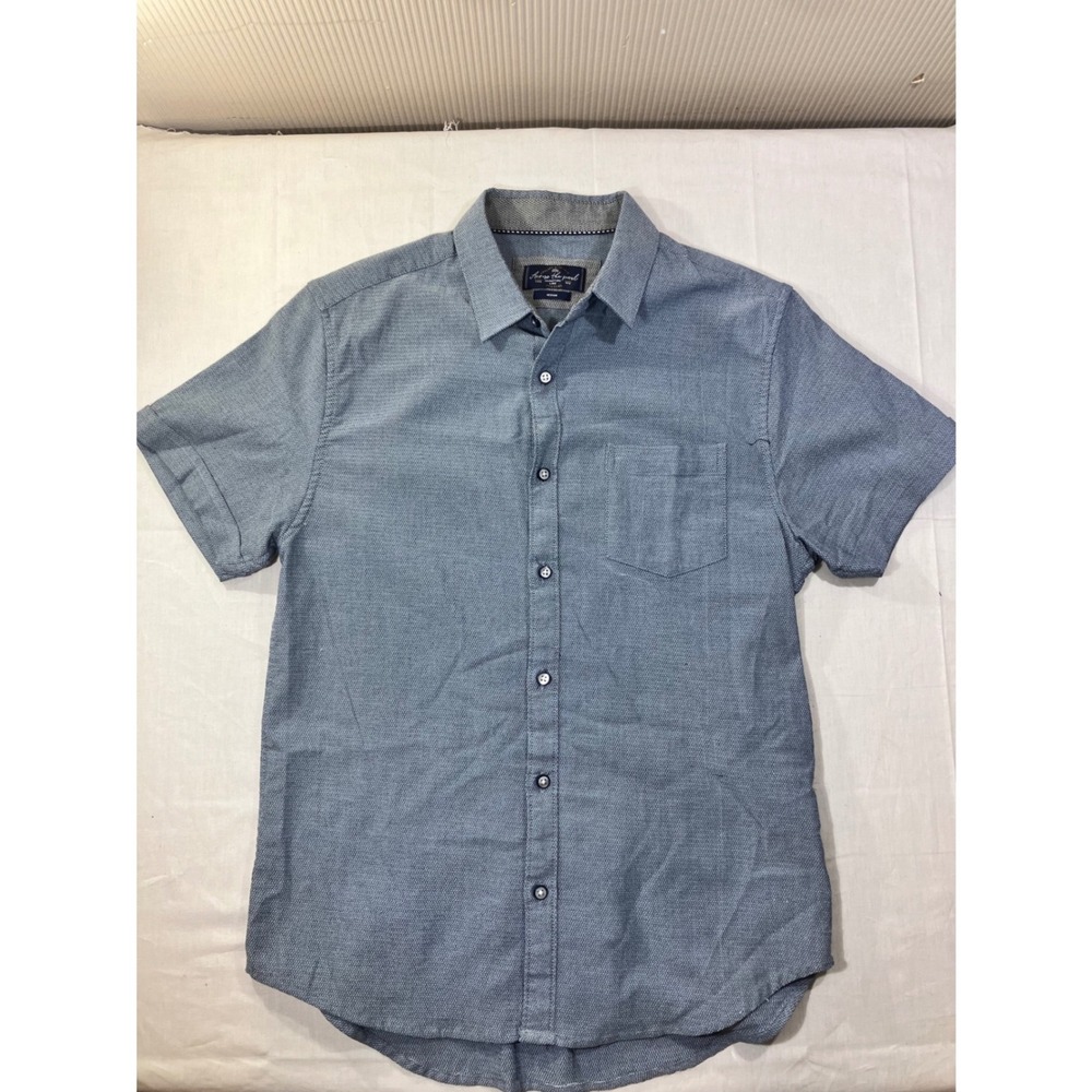 Across the Pond Mens Medium Blue Textured Short Sleeve Button‎ Down Shirt